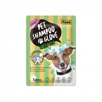 Puppy Crush Pet Shampoo Glove All-in-1 Green Tea shampoo glove is an all-in-1 cleanser that combines shampoo and conditioner