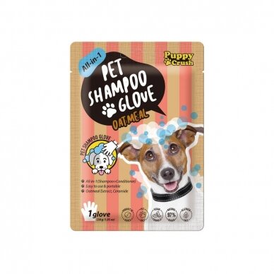 Puppy Crush Pet Shampoo Glove All-in-1 Oatmeal shampoo glove is an all-in-1 cleanser that combines shampoo and conditioner.