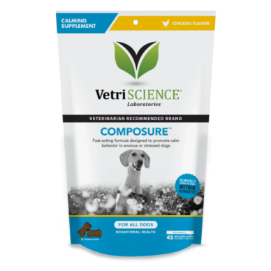 VETRISCIENCE® LABORATORIES COMPOSURE™ BITE-SIZED CHEWS fast-acting calming support chews for dogs.